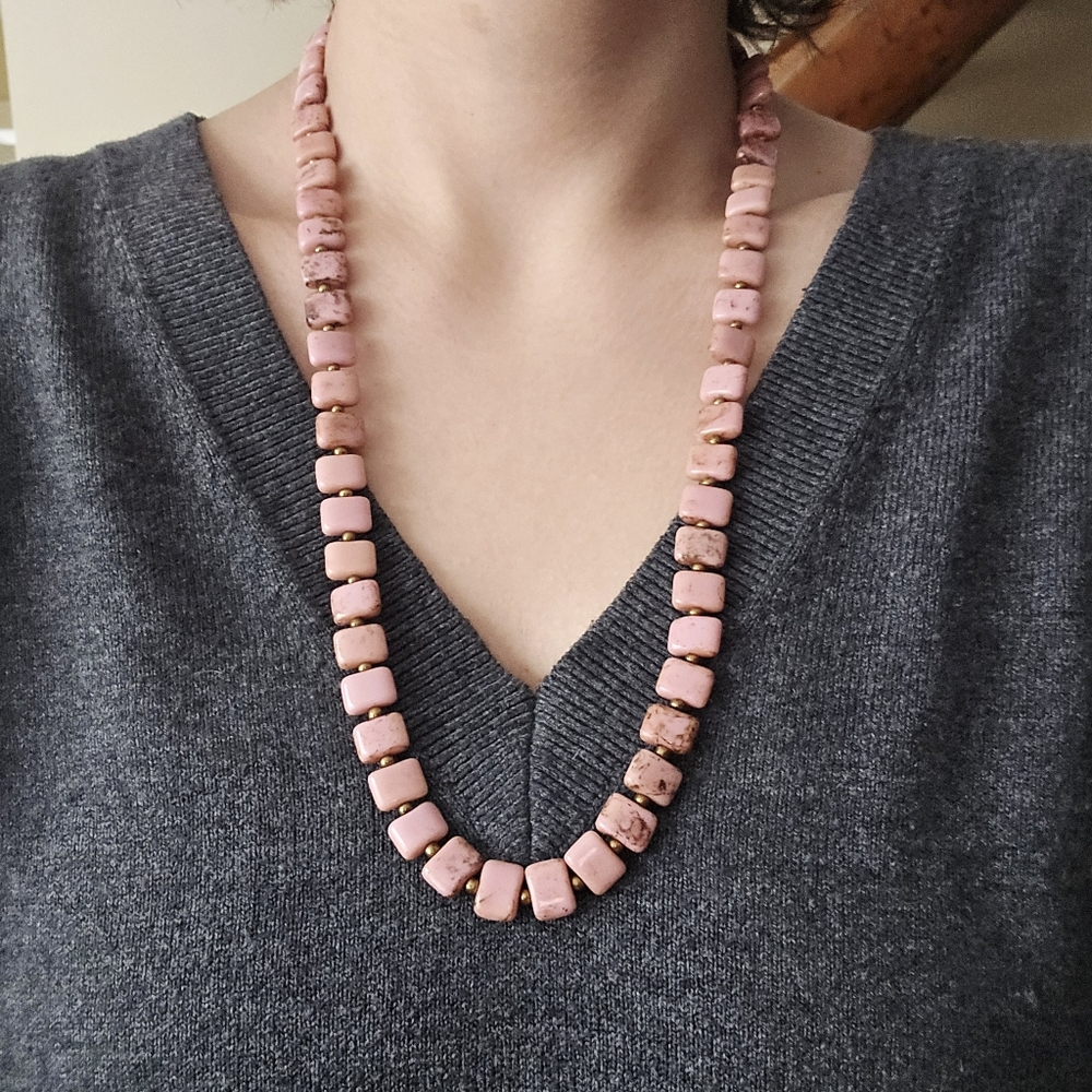 Vintage Peruvian Pink Opal Beaded Boho Bohemian Gemstone Bead Necklace - Picture 3 of 9